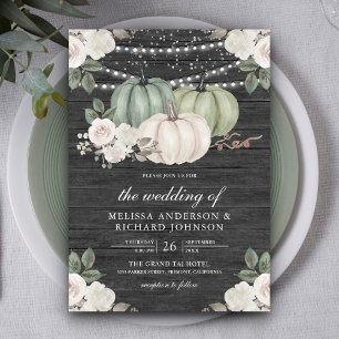 Invitation Citrouille Vert Sauge et Bois Floral Blanc de Mari