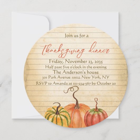 Invitation Citrouille vintage Orange Rustique Thanksgiving Dî (Devant)