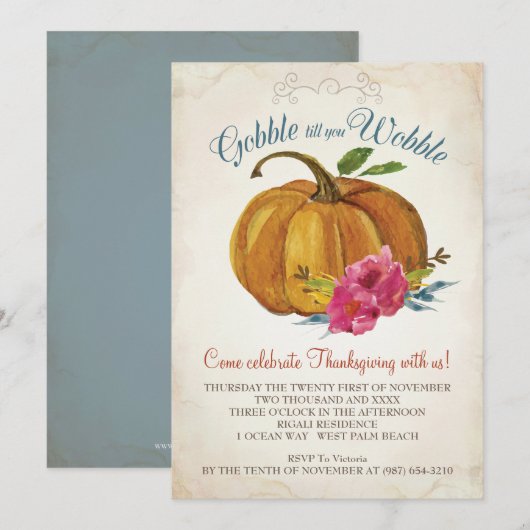 Invitation Citrouille vintage Orange Thanksgiving Famille Dîn (Devant / Derrière)