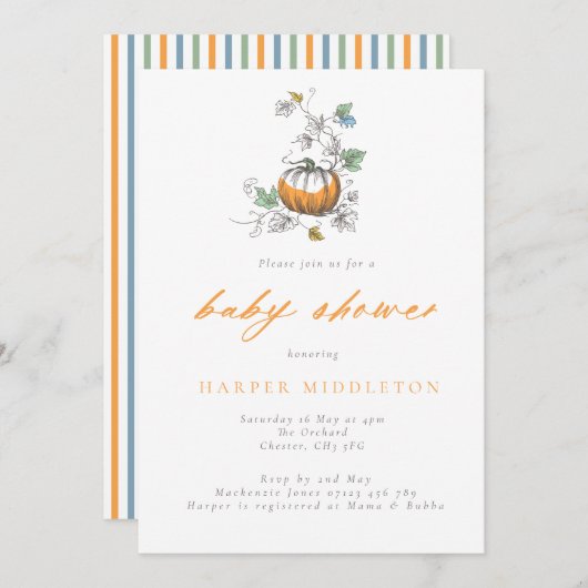 Invitation Citrouille Whimsical & Stripes Baby shower d'autom (Devant / Derrière)