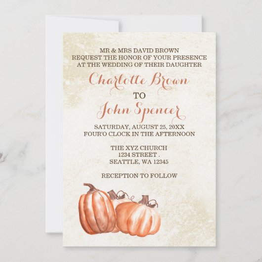 Invitation citrouilles aquarelle automne moisson mariage invi (Devant)