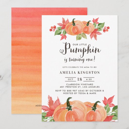 Invitation Citrouilles aquarelle | Premier anniversaire d'aut (Devant / Derrière)