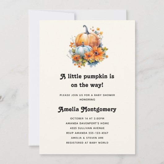 Invitation Citrouilles avec Fleurs et Baby shower de Foliage (Devant)