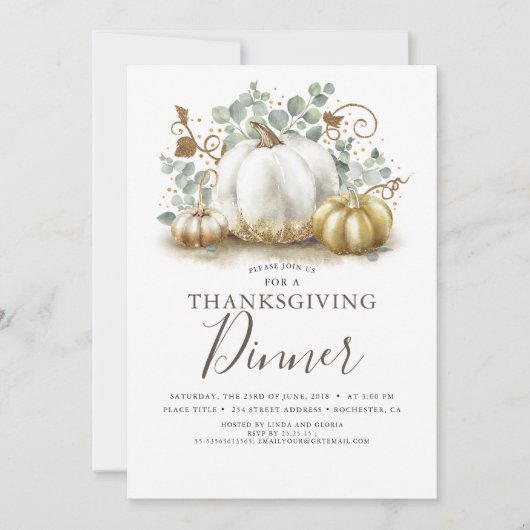 Invitation Citrouilles blanc et or automne Thankgiving Dîner (Devant)