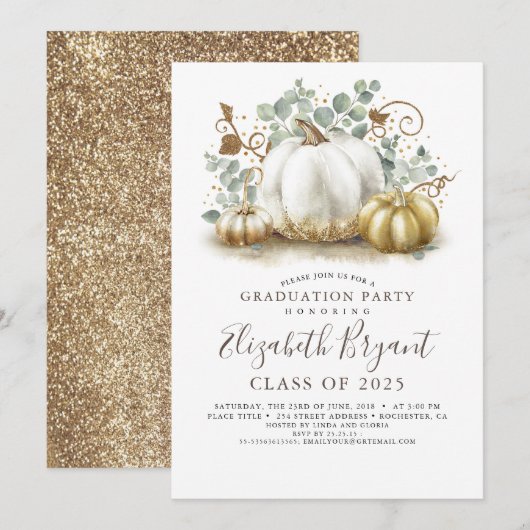 Invitation Citrouilles blancs et d'or Chute de Harvest Gradua (Devant / Derrière)