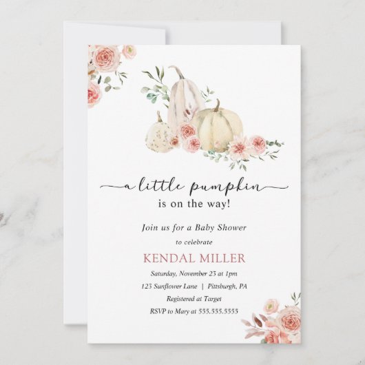 Invitation Citrouilles blancs et fleurs roses Baby shower d'a (Devant)