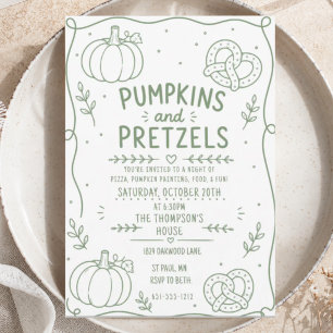 Invitation citrouilles bretzels Party Minimaliste Doodle vert