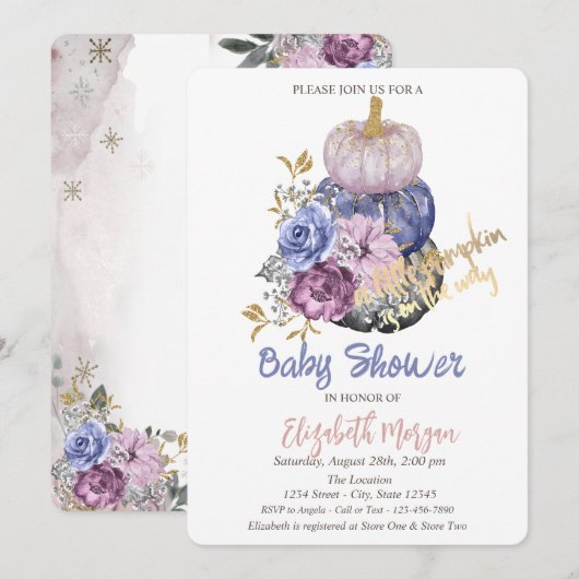 Invitation Citrouilles Chic, Fleurs Baby Shower (Devant / Derrière)