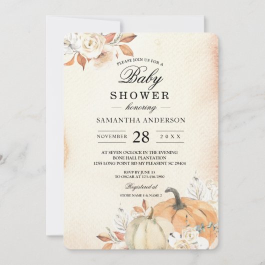 Invitation Citrouilles et fleurs orange d'automne rustique (Devant)