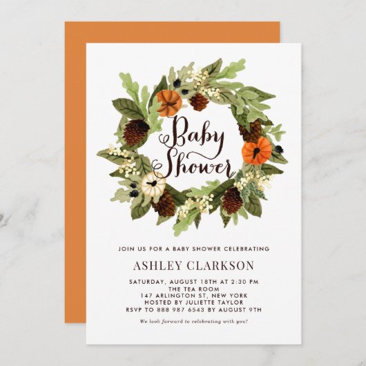 Invitation Citrouilles et Pinecones Wreath Fall Baby shower (Devant / Derrière)