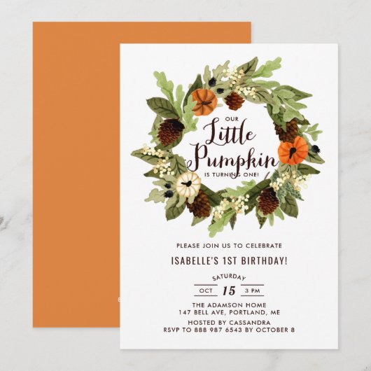 Invitation Citrouilles et Pinecones Wreath Premier anniversai (Devant / Derrière)
