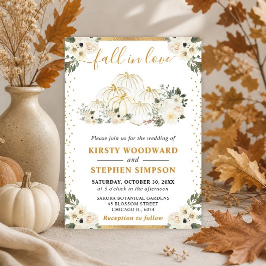 Invitation Citrouilles Fleurales Blanches et Dorées Mariage d