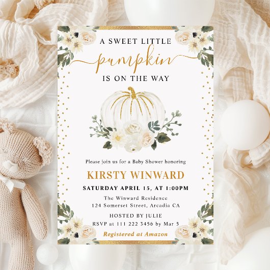 Invitation Citrouilles Fleuries Blanches et Dorées Shower de 