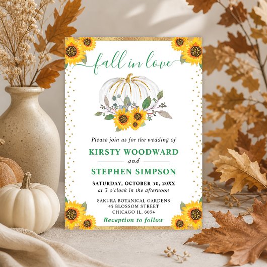 Invitation Citrouilles Fleuries Vert et Or Mariage d'Automne
