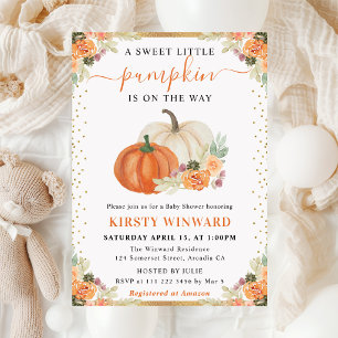Invitation Citrouilles Fleuris Orange et Blanc Baby Shower d'