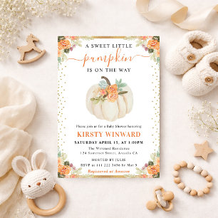 Invitation Citrouilles Fleuris Orange et Blanc Shower de Bébé