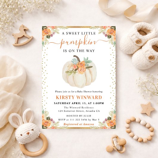 Invitation Citrouilles Fleuris Orange et Blanc Shower de Bébé