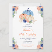 Invitation Citrouilles floral bleu et bleu marine (Devant)