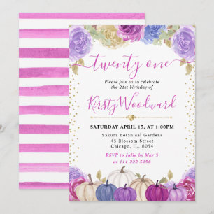 Invitation Citrouilles Florales Bleu Violet Fête des 21 ans d