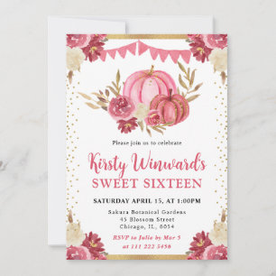Invitation Citrouilles Florales Rose et Or Automne Douce 16