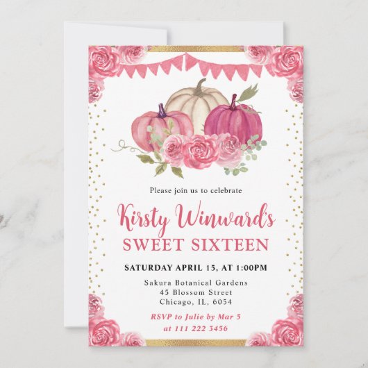 Invitation Citrouilles floraux rose et blanc automne doux 16 (Devant)