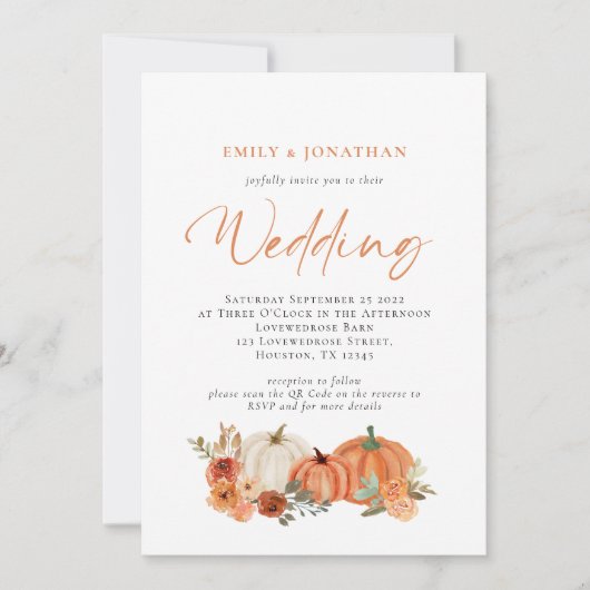 Invitation Citrouilles orange Florales d'automne Code QR Invi (Devant)