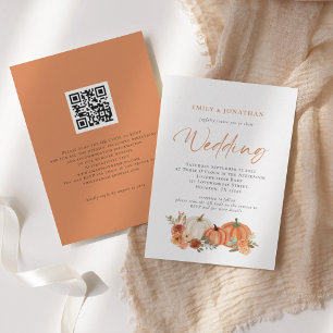 Invitation Citrouilles Orange Florales d'Automne Code QR Invi