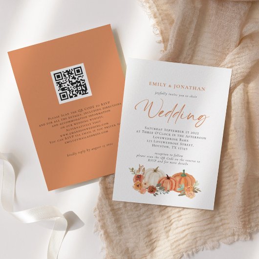 Invitation Citrouilles orange Florales d'automne Code QR Invi