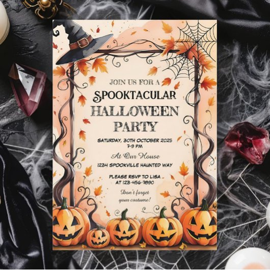 Invitation Citrouilles, Spider Webs & Witch Casquette Hallowe