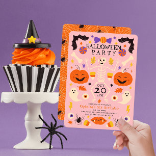 Invitation Citrouilles squelettes fantômes rose Halloween ann