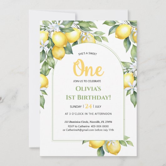 Invitation Citrus citron 1er anniversaire. (Devant)
