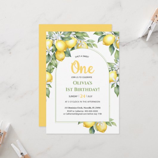 Invitation Citrus citron 1er anniversaire. (Devant/Arrière en situation)