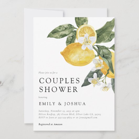 Invitation Citrus citron Aquarelle Couples Douche (Devant)