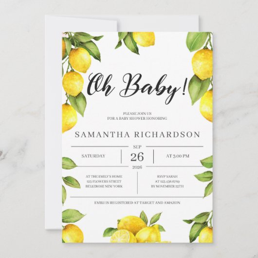 Invitation Citrus citron baby shower été (Devant)