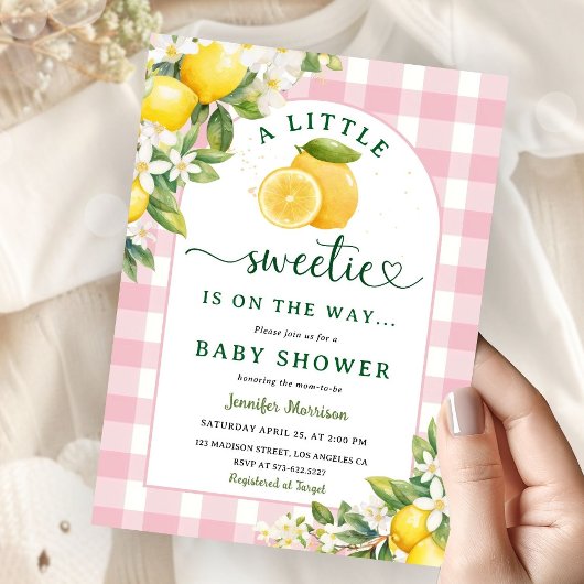 Invitation Citrus citron Baby shower fille rose En vichy