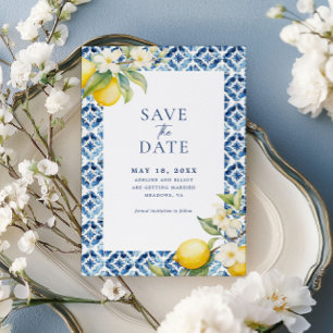 Invitation Citrus Citron Bleu Carrelage Enregistrer La Date