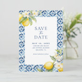 Invitation Citrus Citron Bleu Carrelage Enregistrer La Date (Debout devant)