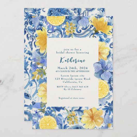 Invitation Citrus citron bleu italien douche nuptiale (Devant / Derrière)