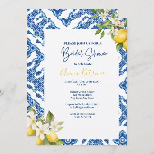 Invitation Citrus Citron Carrelage bleu Bridal Douche Invitat (Devant / Derrière)
