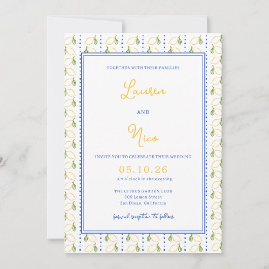 Invitation Citrus citron jaune et bleu italien Mariage chic (Devant)
