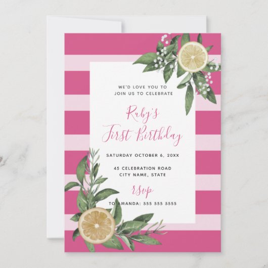 Invitation Citrus citron rose doux premier anniversaire (Devant)