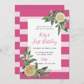 Invitation Citrus citron rose doux premier anniversaire (Devant / Derrière)