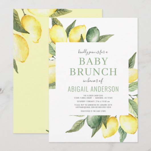 Invitation Citrus d'aquarelle de citron Brunch pour bébé mode (Devant / Derrière)