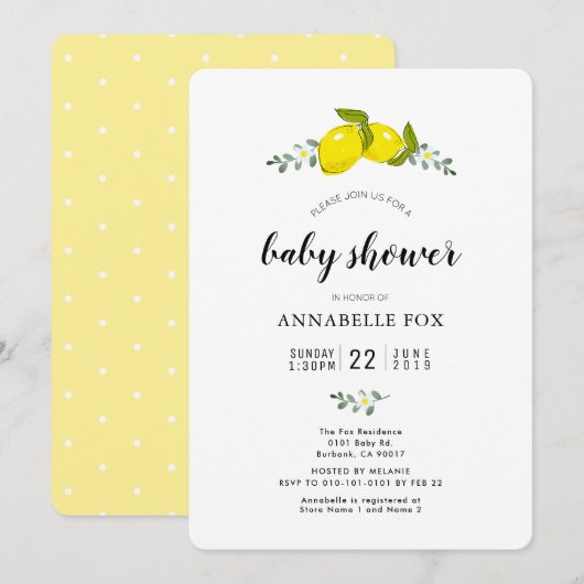 Invitation Citrus de citron floral Baby shower élégant (Devant / Derrière)