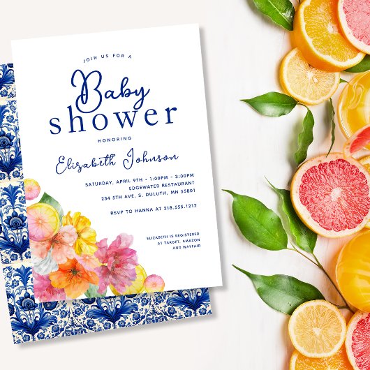 Invitation Citrus Floral Citron Bleu Carrelage Baby shower