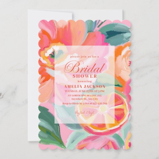 Invitation Citrus floral vert brillant Orange douche nuptiale (Devant)