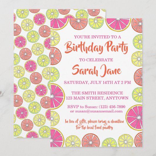 Invitation Citrus Fruit Citron Lime Orange Grappe (Devant / Derrière)