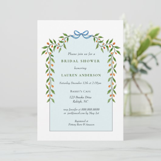 Invitation Citrus garland Arch bleu pâle Douche nuptiale (Debout devant)