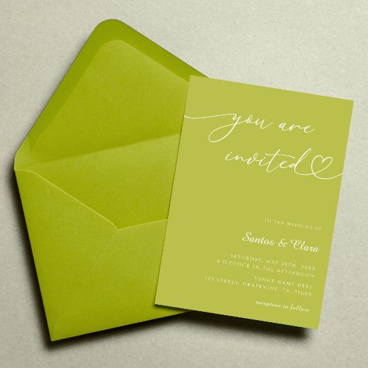 Invitation Citrus Green Heart Script 3 Photo Collage Wedding