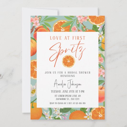 Invitation Citrus Orange Love at First Spritz Fête des mariée (Devant)